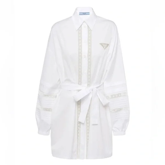 Prada White Long Sleeve triangle logo Shirtdress coverup tie dress - Picture 2 of 6
